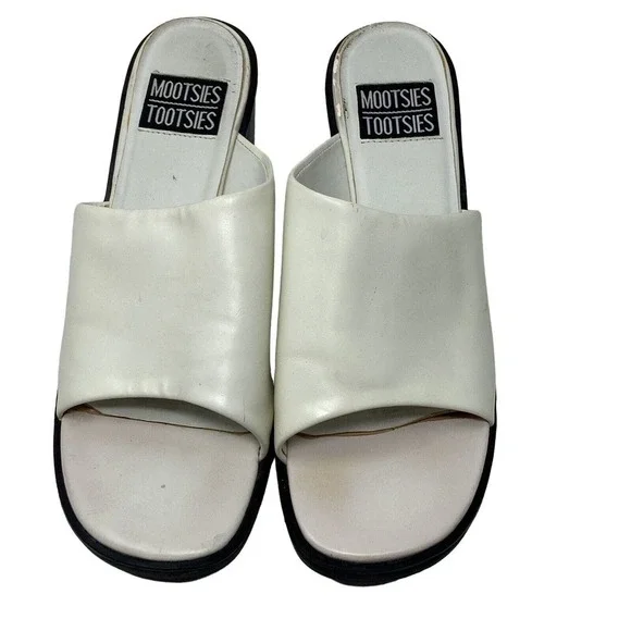 Vintage 90s Y2K Mootsies Tootsie White Slide Sandals Chunky Heel - Picture 2 of 5